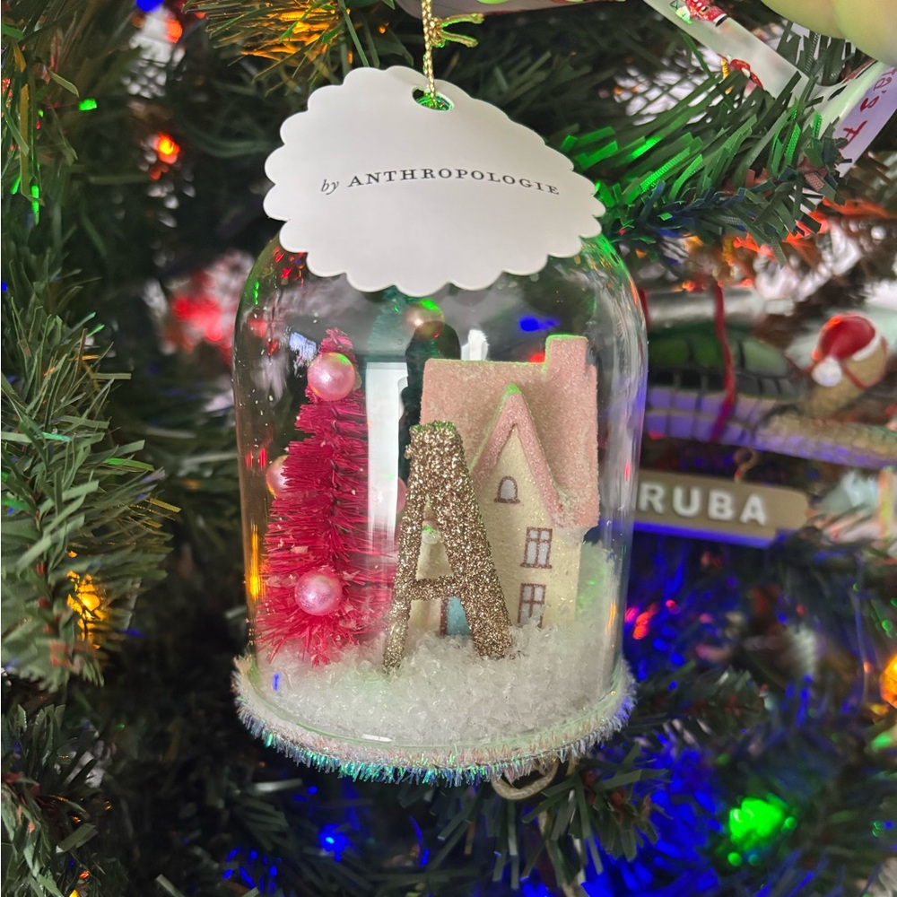 Anthropologie Festive Snow Globe ‘A’  Ornament - Gold and Pink